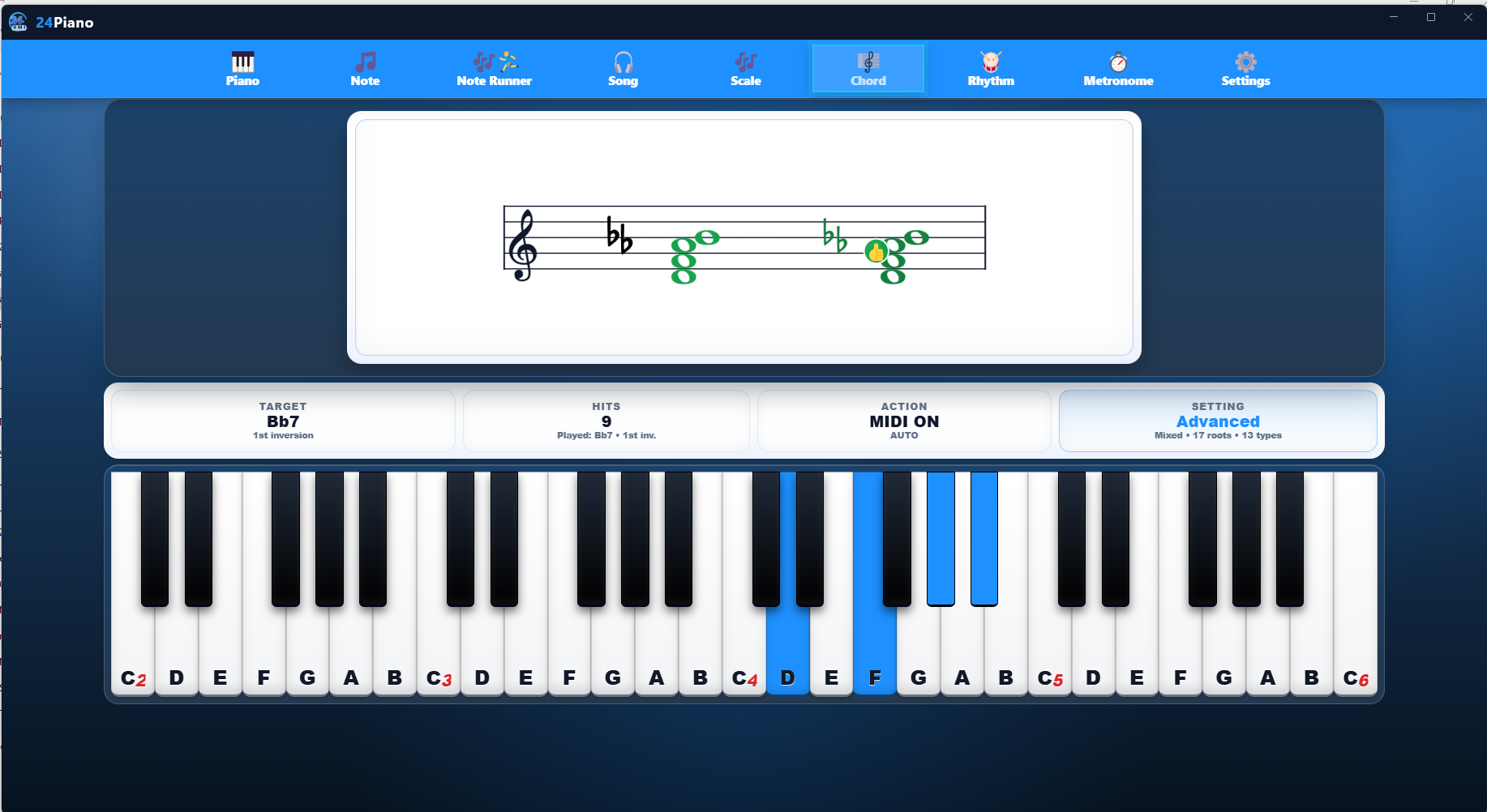 24Piano chord practice screen with detected held notes and highlighted keyboard answers