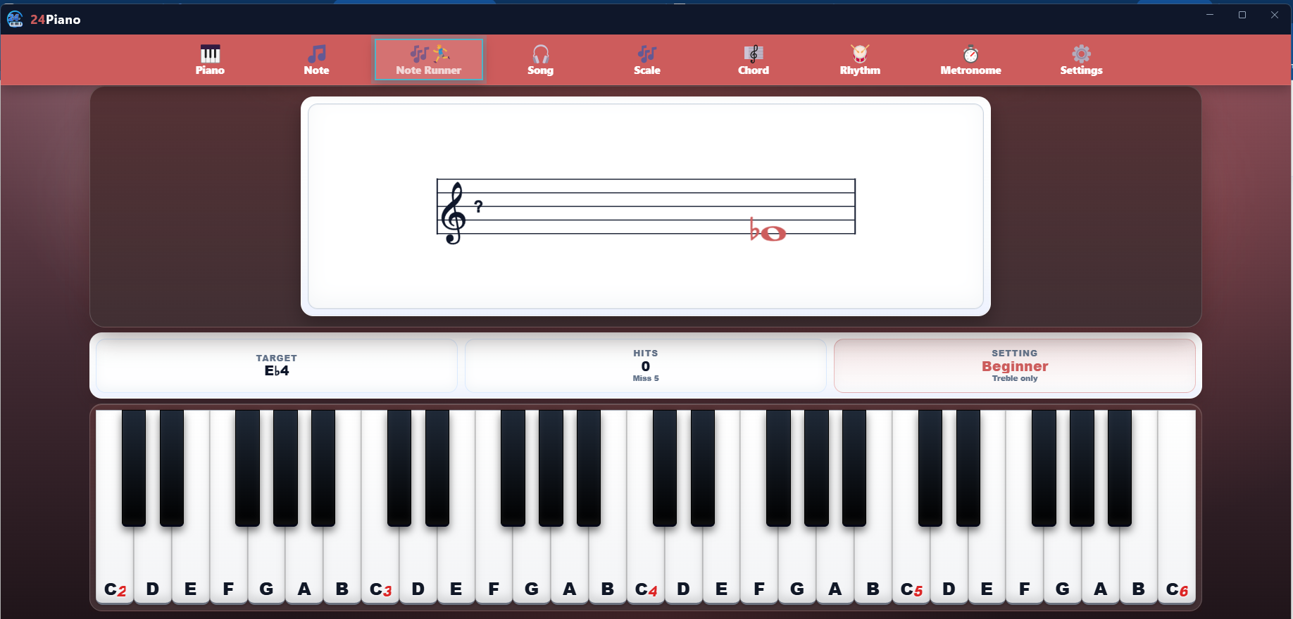 24Piano Note Runner beginner treble screenshot