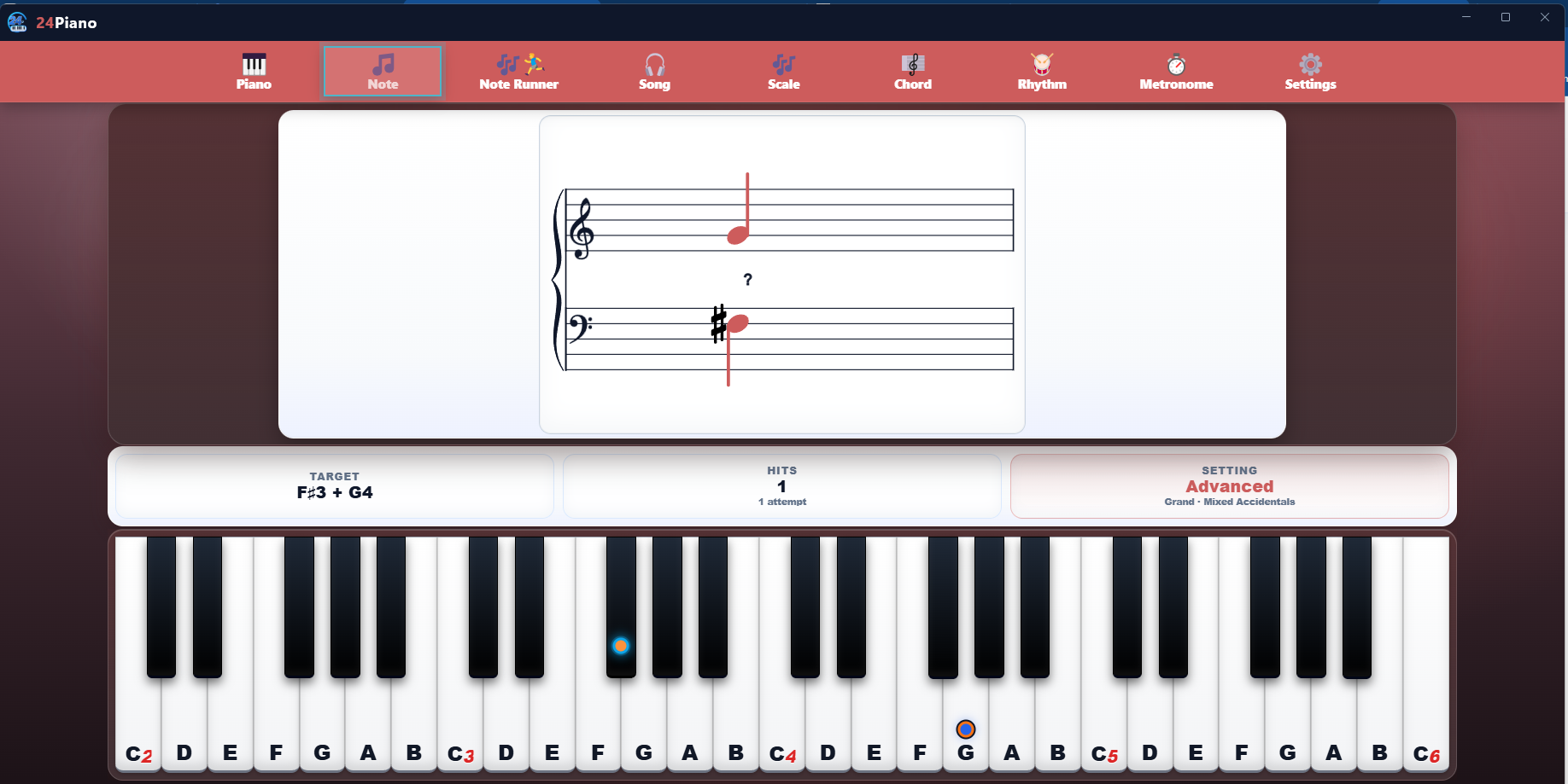24Piano Note Trainer advanced grand staff practice screen