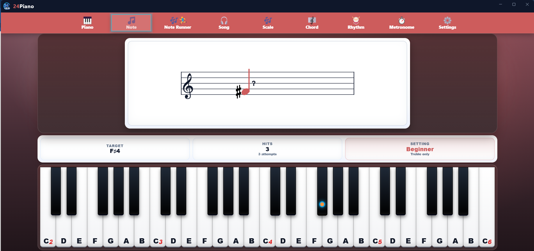 24Piano Note Trainer beginner treble staff screenshot