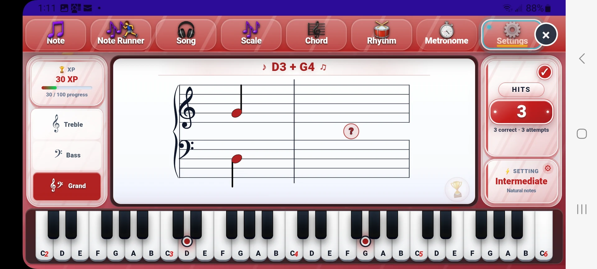 24Piano Android phone app showing grand-staff Note Trainer practice