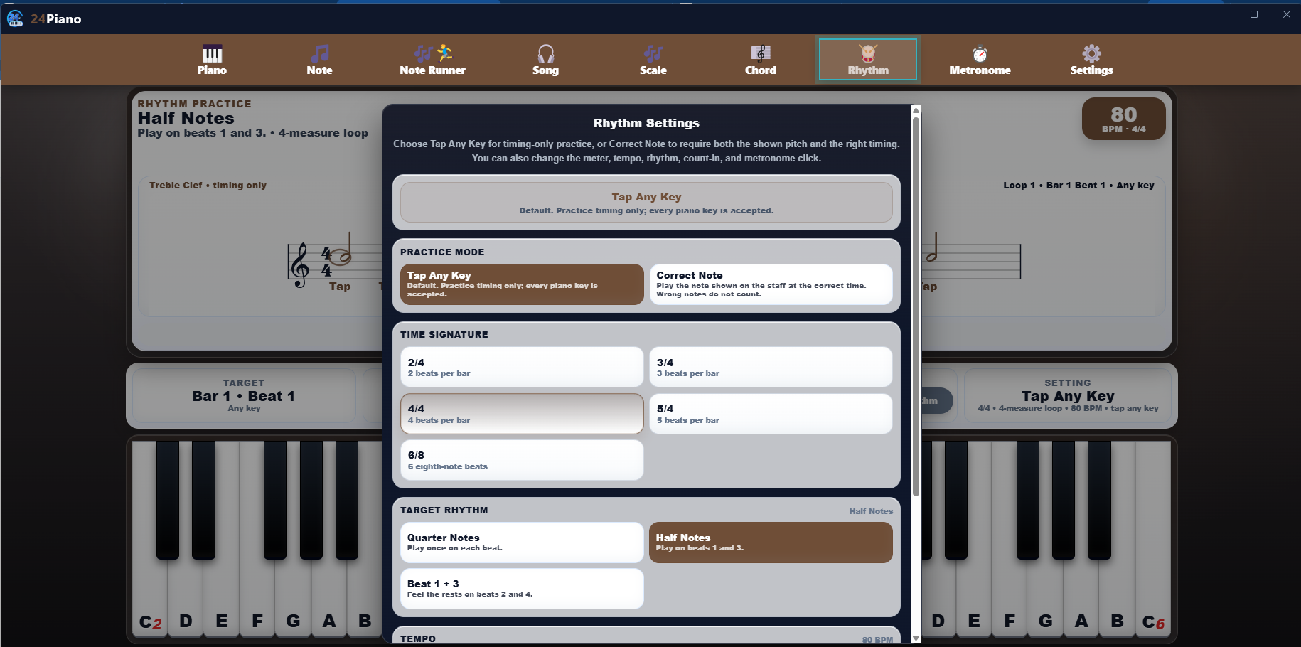 24Piano rhythm practice settings screenshot