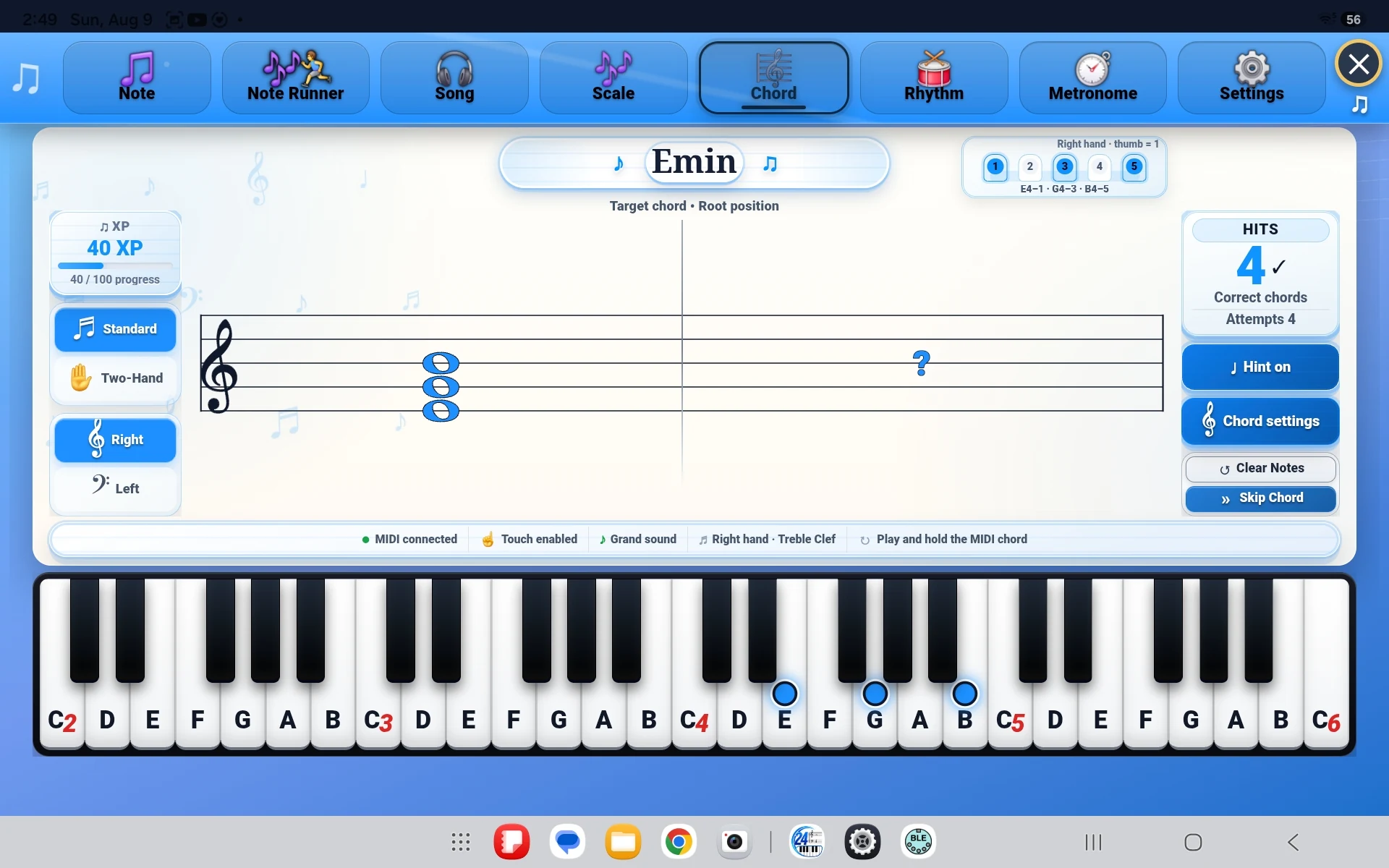 24Piano Android tablet treble chord practice screen