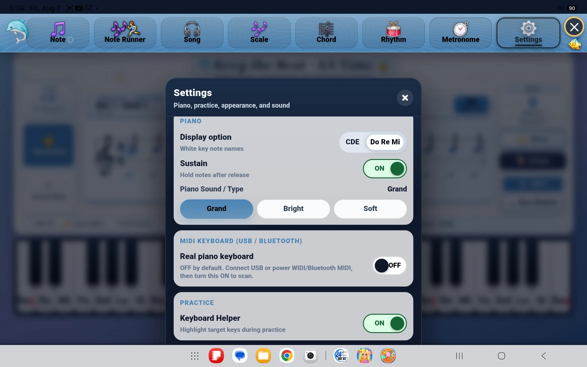24Piano Android tablet settings showing piano and MIDI options