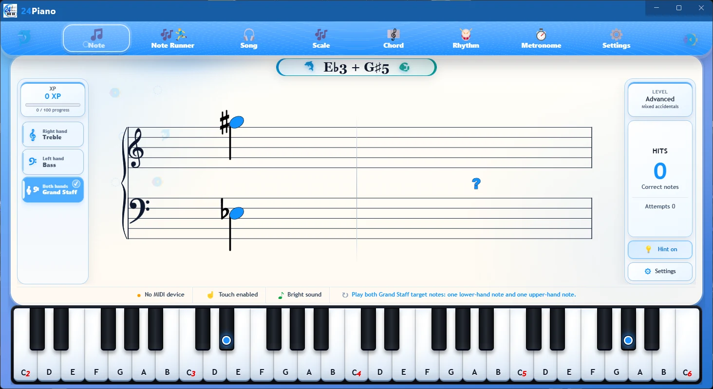 24Piano Windows Note Trainer grand-staff practice screen