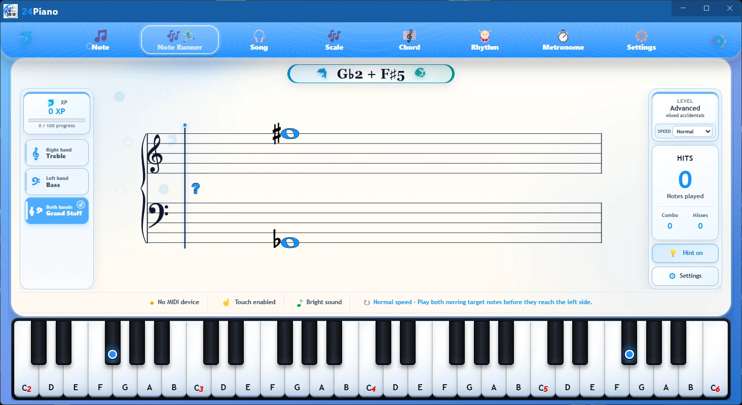 24Piano Windows Note Runner grand staff screen