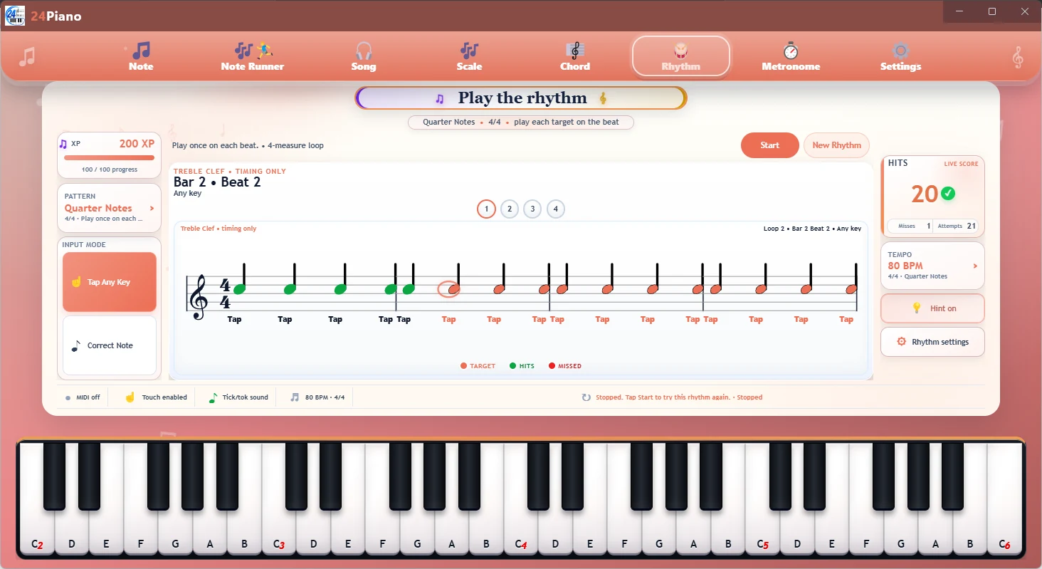 24Piano Windows rhythm tap practice screen