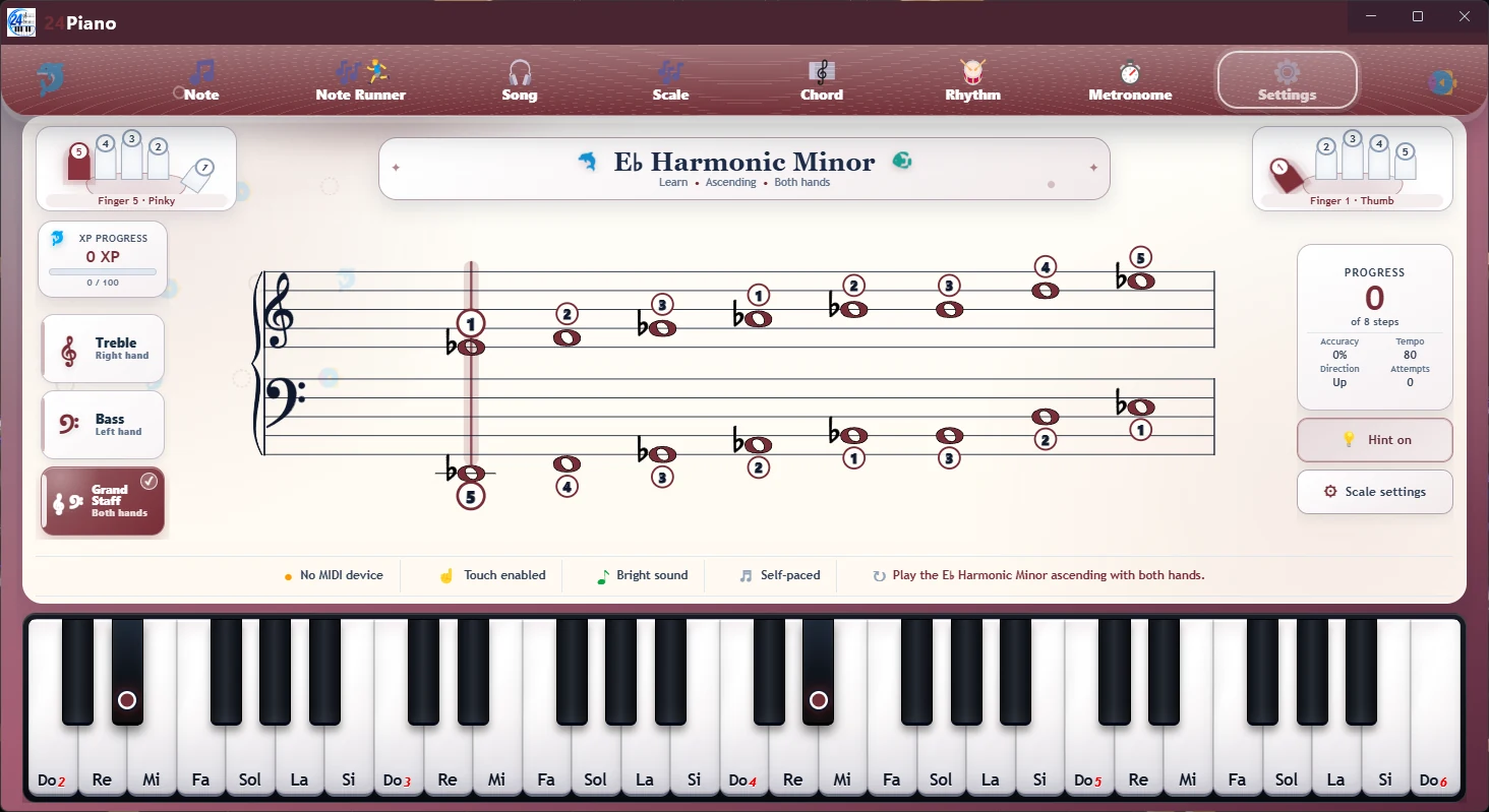 24Piano Windows both-hands scale practice screen