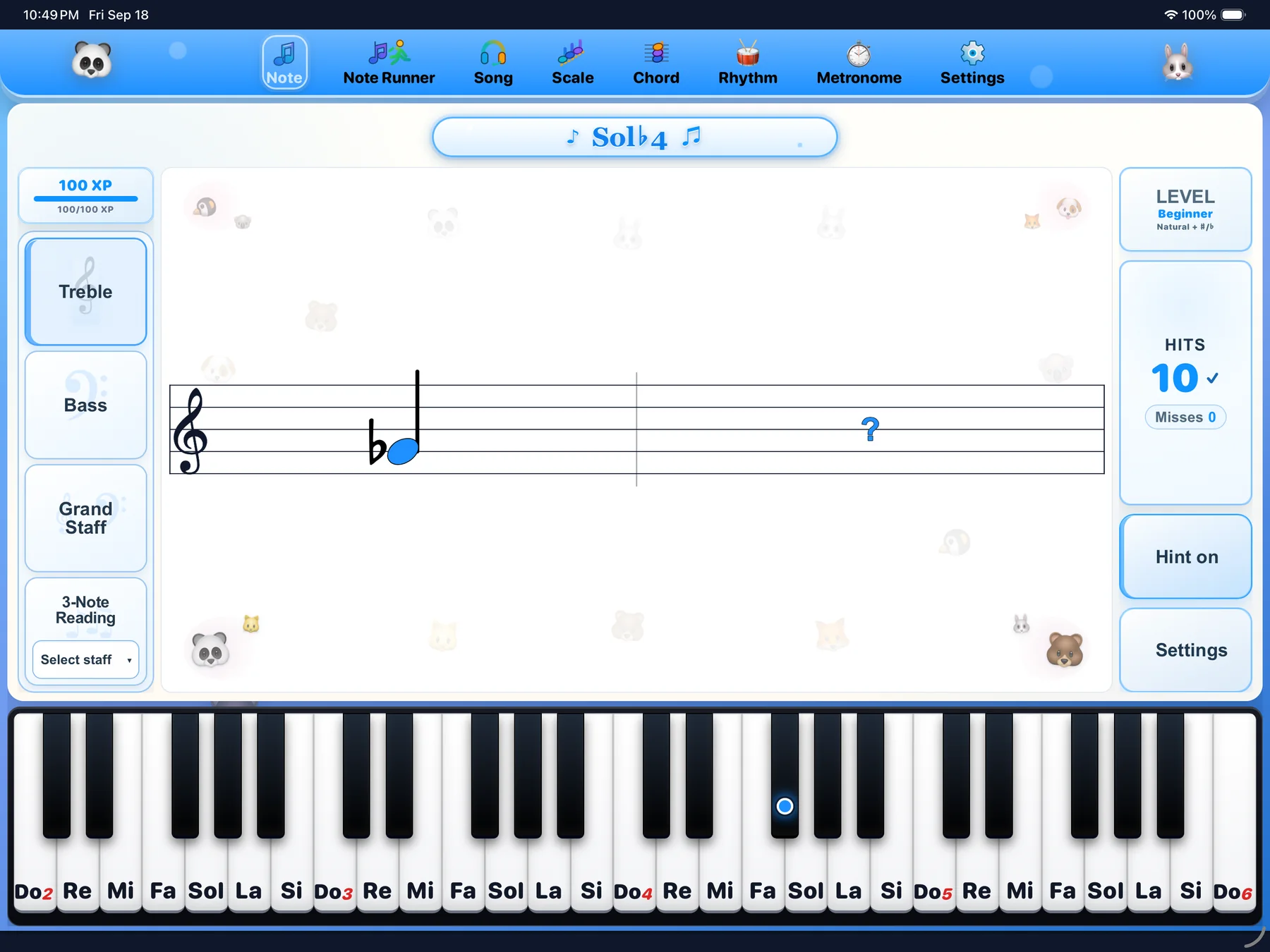 24Piano Note Trainer on iPad showing grand-staff note practice